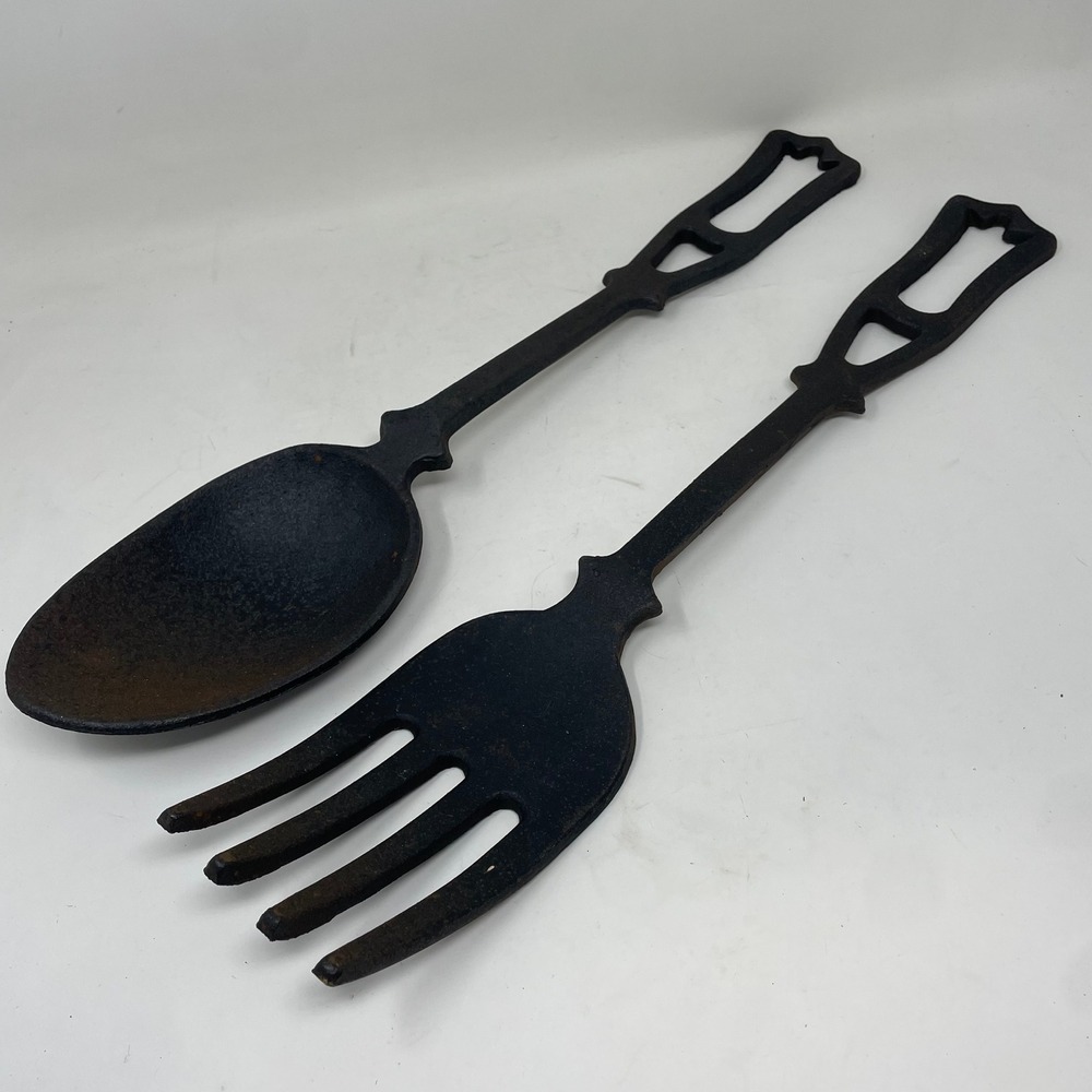 Vintage Apco Japan Cast Iron Fork and Spoon Wall Decor Set Black Metal 17 Inch
